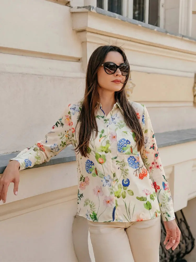 Women Fashion New Retro Flower Print Shirt Long Sleeve Single Breasted Lapel Tops Casual Outfits Blouse For Women Shirts