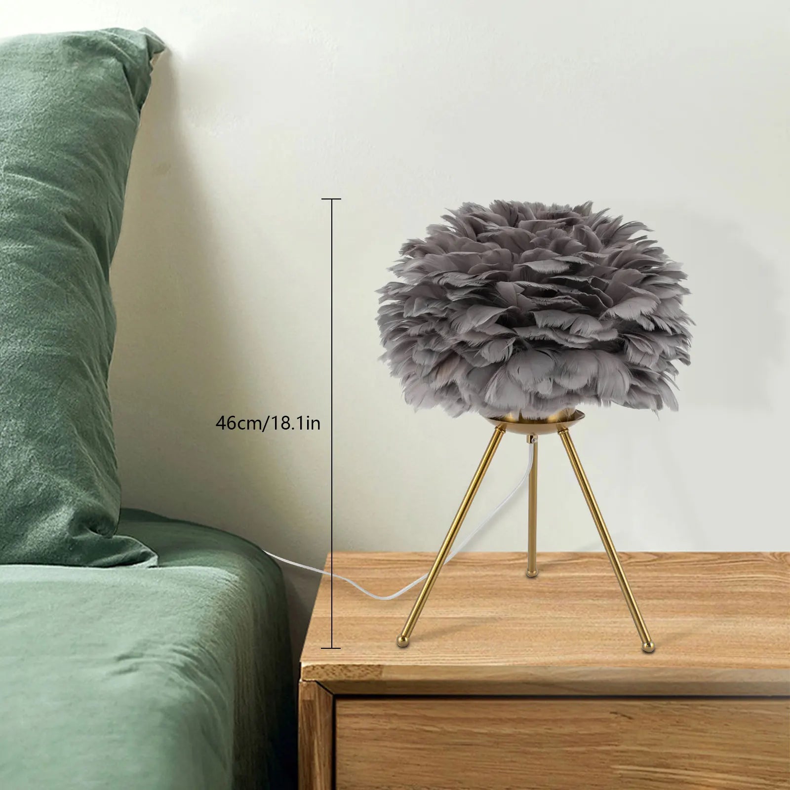 Grey Feather Table Lamp with Gold Finish, 46cm E26 Socket Night Light for Bedroom Living Room, Indoor Corded Electric Home Decor
