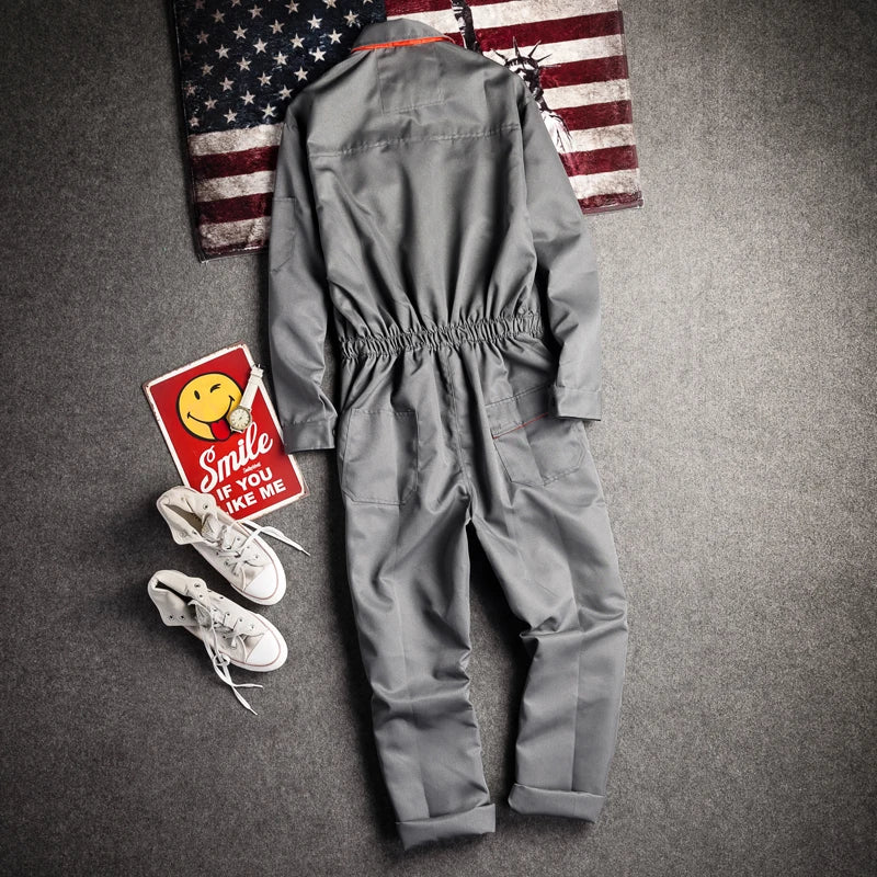 New Men's Long-Sleeved Overalls with Zipper Pocket Jumpsuit Fashion Labor Casual Work Clothes Plus Size S-4xl