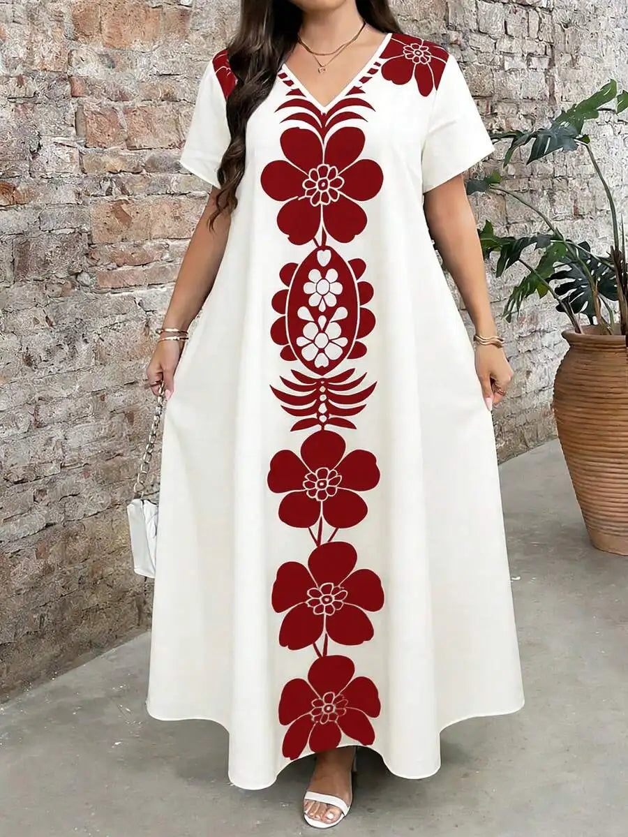 Boho Embroidered Maxi Dress V Neck Short Sleeve Loose Casual Summer Dress