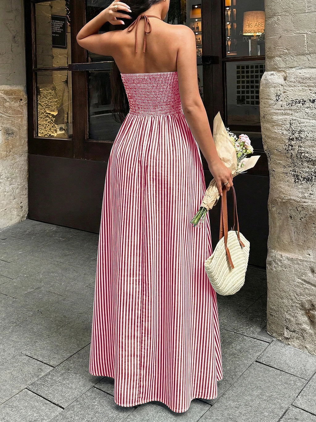 2026 Summer Striped Deep V Neck Backless Sleeveless Beach Long Dress