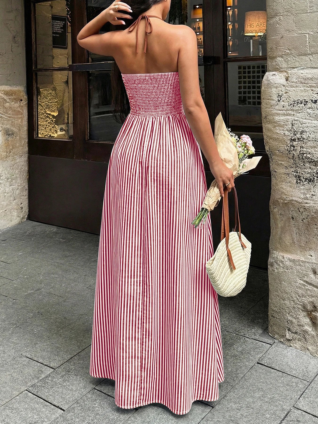 2026 Summer Striped Deep V Neck Backless Sleeveless Beach Long Dress