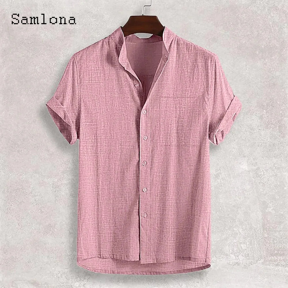 Men Short Sleeve Board Shirt Clothing 2025 New Summer Collarless Top Solid Green Linen Blouse Plus Size Mens Casual Beach Shirts
