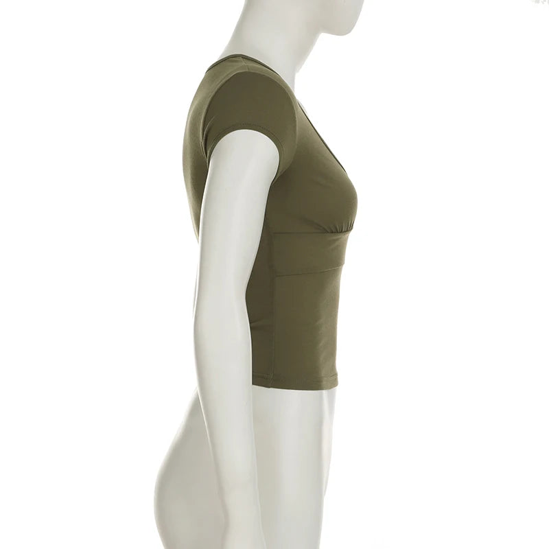 SUCHCUTE Retro Geen Floral Embroidery V Neck Cap Sleeve Tops Y2k Women's Slim T-shirt Chic Streetwear Slim Top Summer Clothes