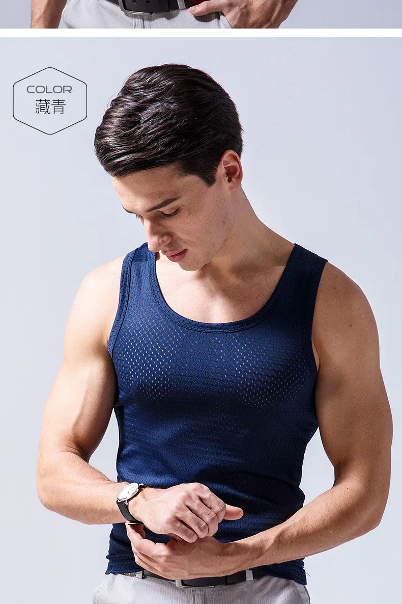 Men's Ice Silk Mesh Tank Tops Gym Stringer Transparent Bodybuilding Sleeveless Shirt Fitness Vest Male mesh Muscle Singlets