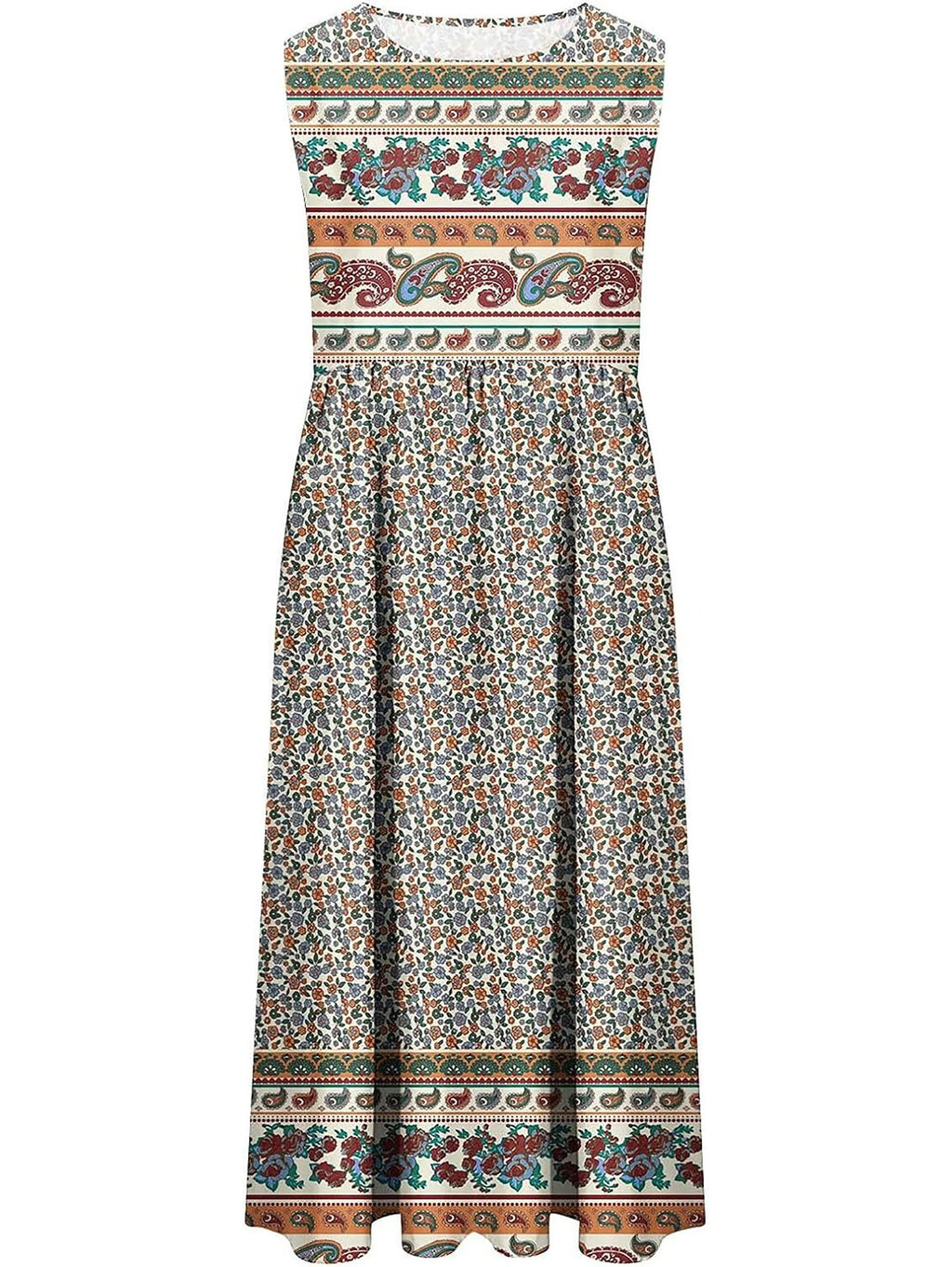 Women's Bohemian Floral Sleeveless Midi Sundress With Pockets Summer Beach