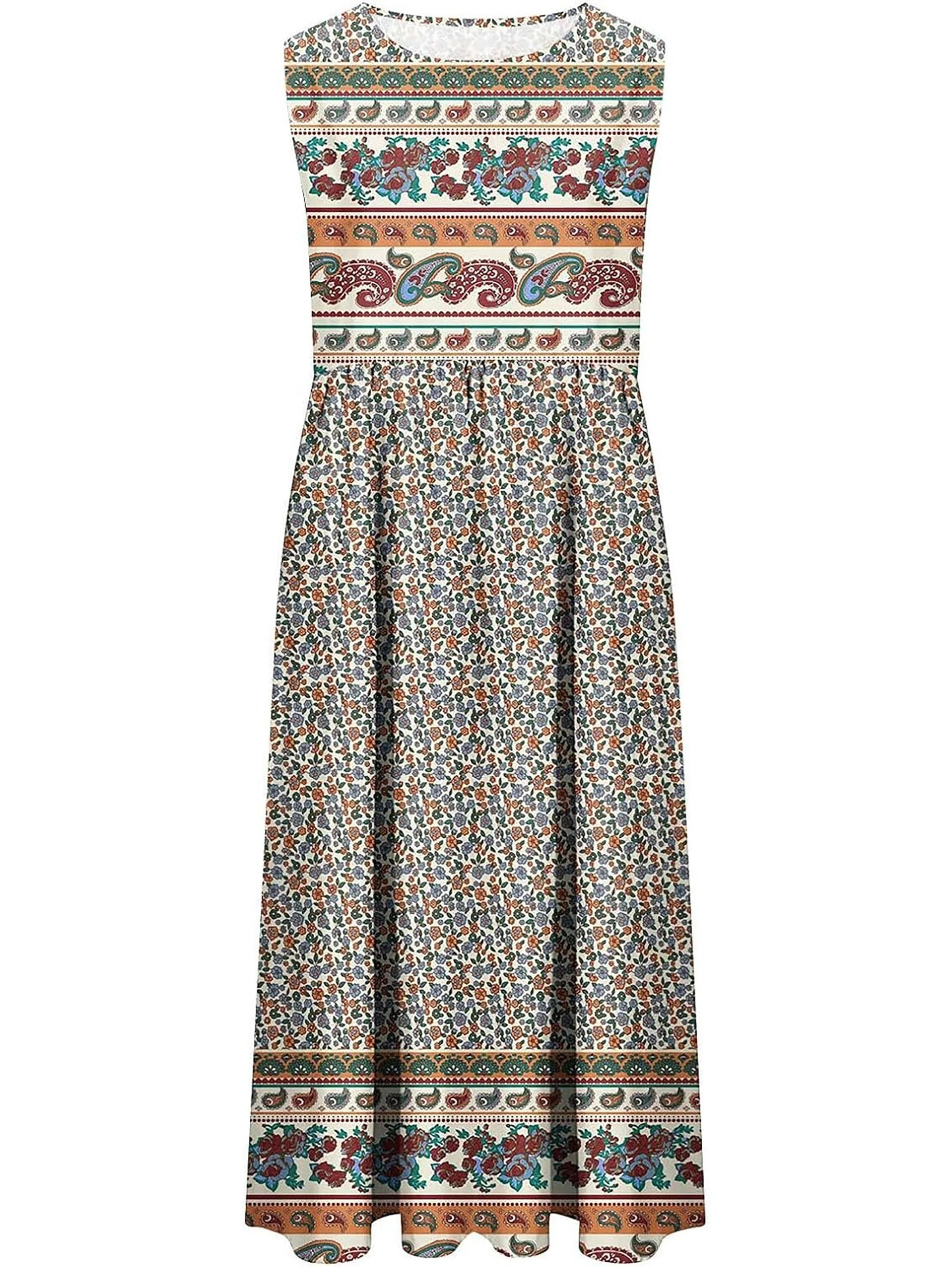 Women's Bohemian Floral Sleeveless Midi Sundress With Pockets Summer Beach
