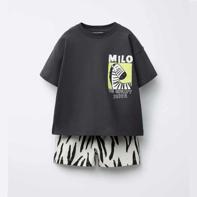 Animal Printed Boys Short Sleeved Suit Summer Clothing New Style Fashion Cartoon T-shirt + Shorts Two Piece Set Children's Wear