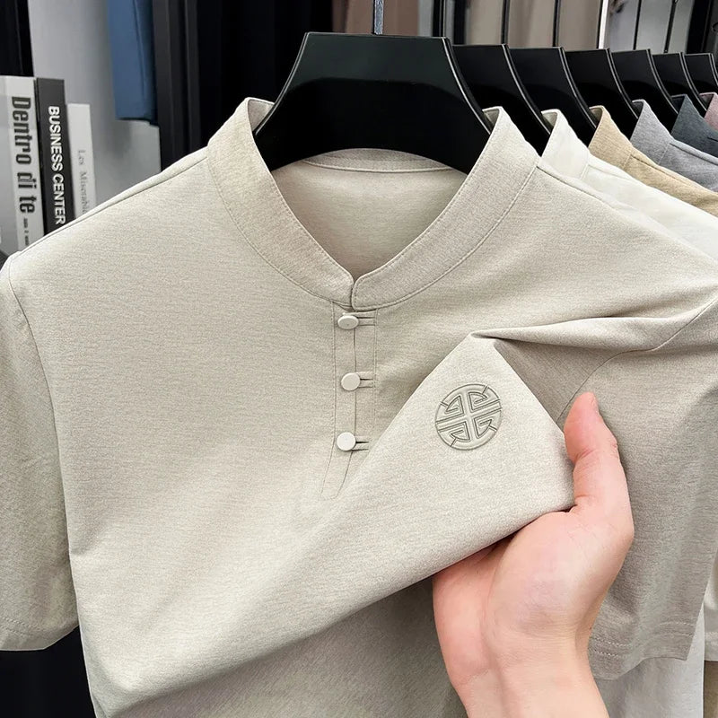 Men's Mandarin Collar Short Sleeve T-Shirt Casual Chinese Style Button Henley Shirt