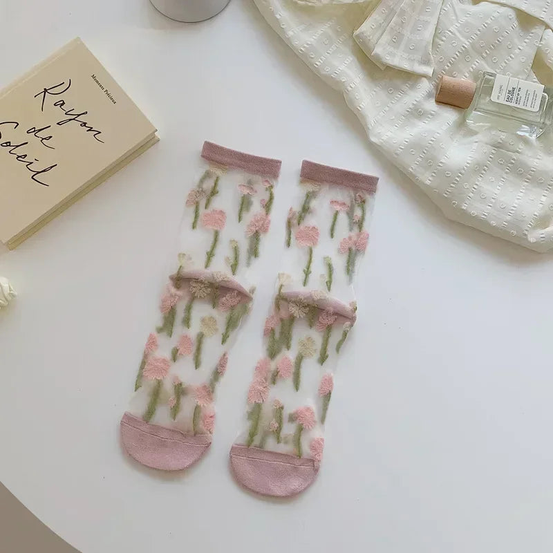 Butterfly Woman Socks Fashion Summer Ultra-thin Transparent Crystal Silk Socks Vintage Harajuku Sexy Lace Mesh Crew Socks