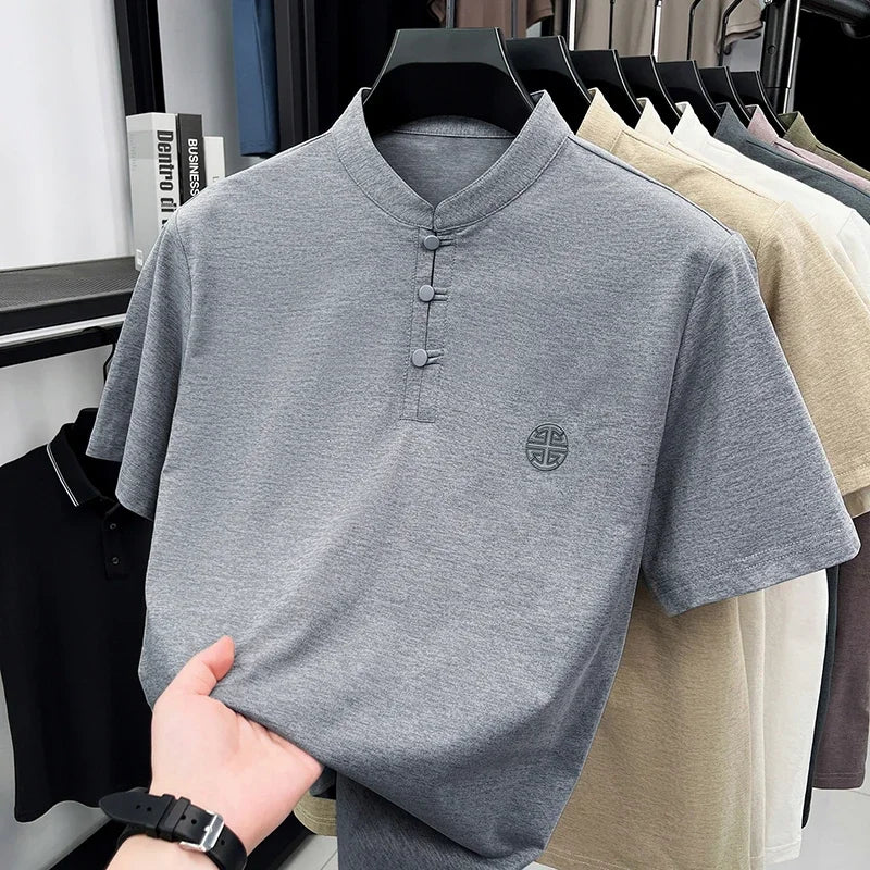 Men's Mandarin Collar Short Sleeve T-Shirt Casual Chinese Style Button Henley Shirt