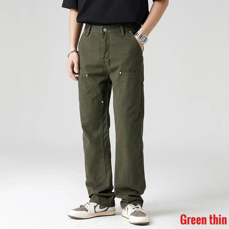 Men Pant Casual Straight Wide Leg Cargo Trouser Male Winter Fleece Lined Warm Cotton Loose Style Carpenter Streetwear