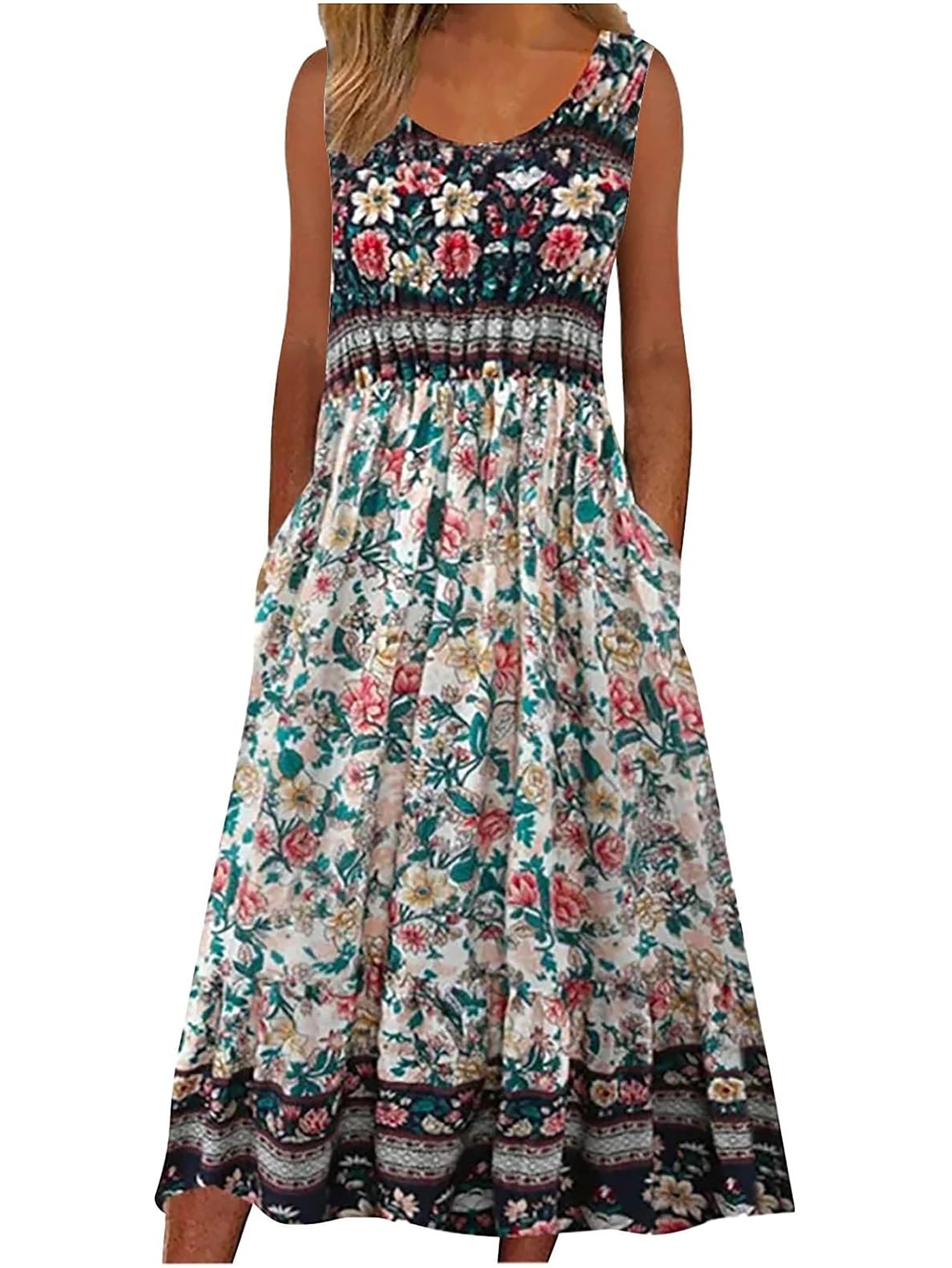 Women's Bohemian Floral Sleeveless Midi Sundress With Pockets Summer Beach