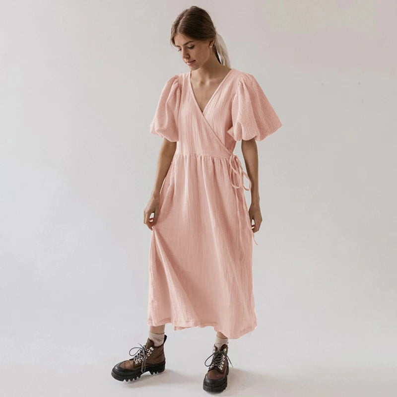 Puff Sleeve Maxi Dress For Women Muslin Crepe Gauze V-Neck  Bandage Lace Elegant Long Birthday Party Dress