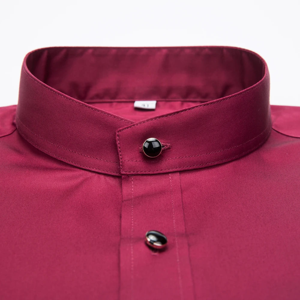 Men's Banded Collar Long Sleeve Solid Dress Shirts Single Patch Pocket Standard-fit Formal Business Casual Blouse Cotton Shirt