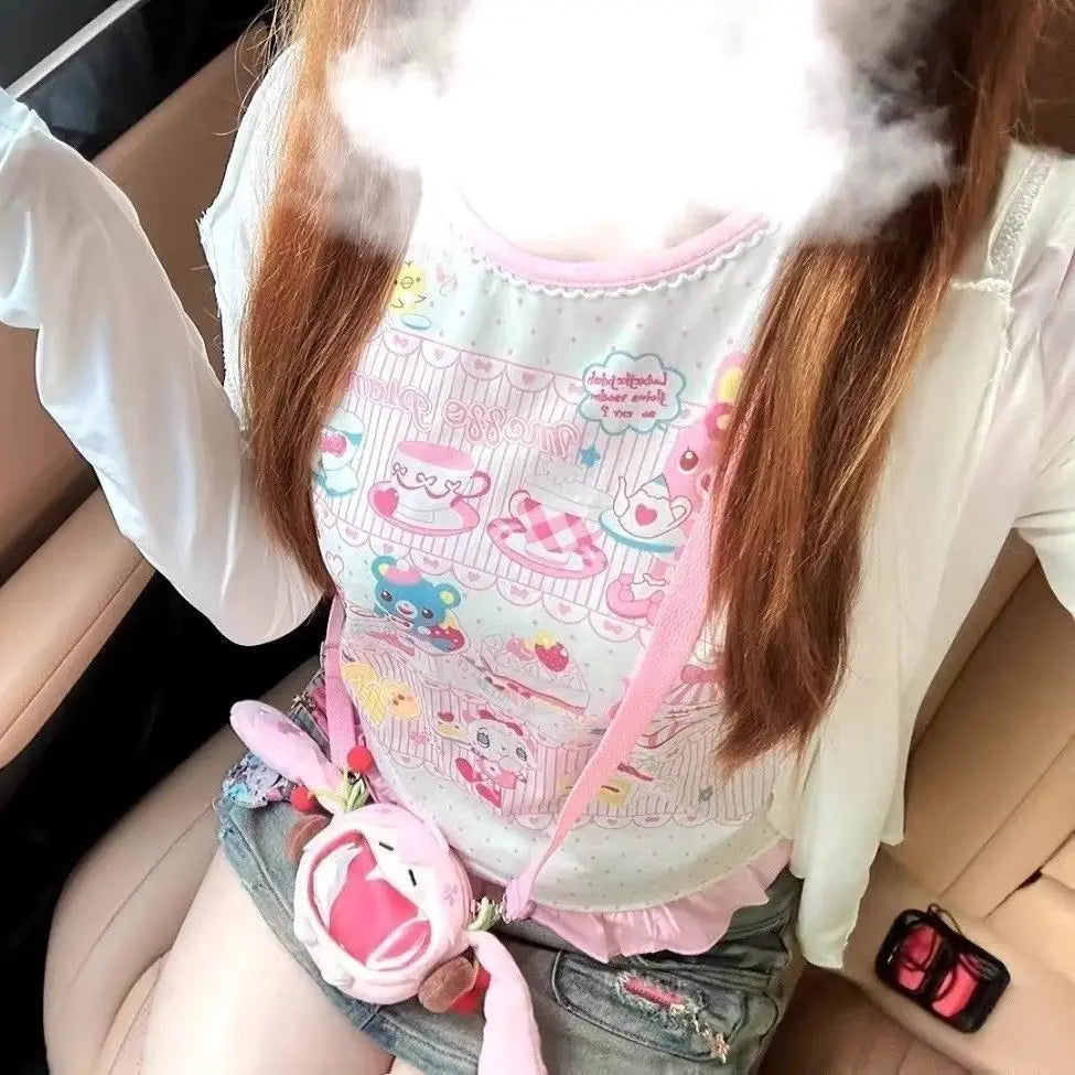 Cute Summer Cartoon Short Sleeve Lace T-Shirt Little Girl's Sweet Heart Soft Comfortable round Neck Top Trendy Commute Style