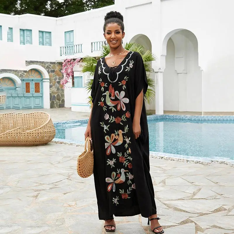Black Vintage Embroidered Beach Dress Long Sarong Cardigan Bikini Cover-ups Wrap Dress Beach Wear Swim Suit Cover Up