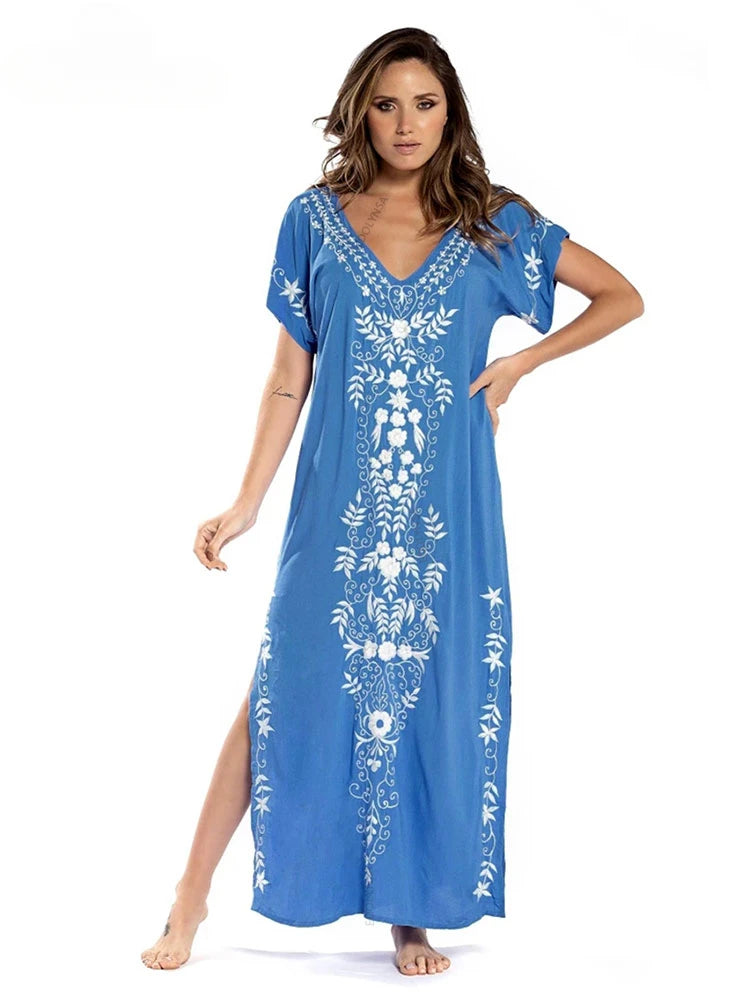 Embroidery Robe V-neck Batwing Sleeve Beach Maxi Dress Plus Size Loose Side Slit Summer Women Kaftans Dress Beachwear Q790