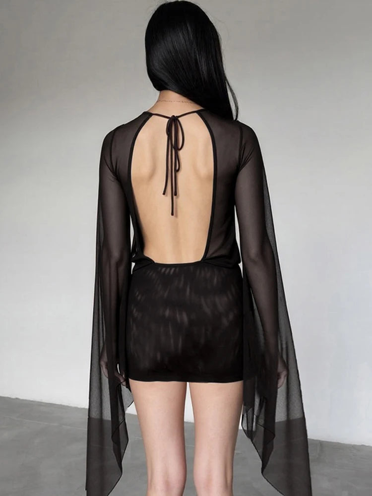 Kliou Mesh Irregular See Through Women Mini Dress Long Sleeve Deep Neck Bandage