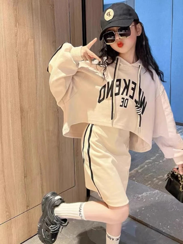 Autumn Children's Girls Clothes Set Junior Letter Hooded Pullover Top and Side Stripe Sleeveless Dress Suit Teenage 2pcs Outfits