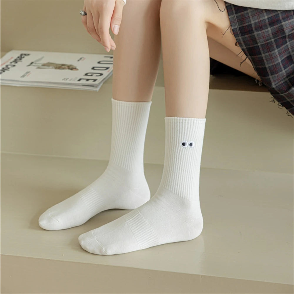 New Women's Embroidered Big Eyes Mid-Tube Socks Ins Trendy Colorful Cartoon Cute Soft Cotton Sports Sokken Dropship