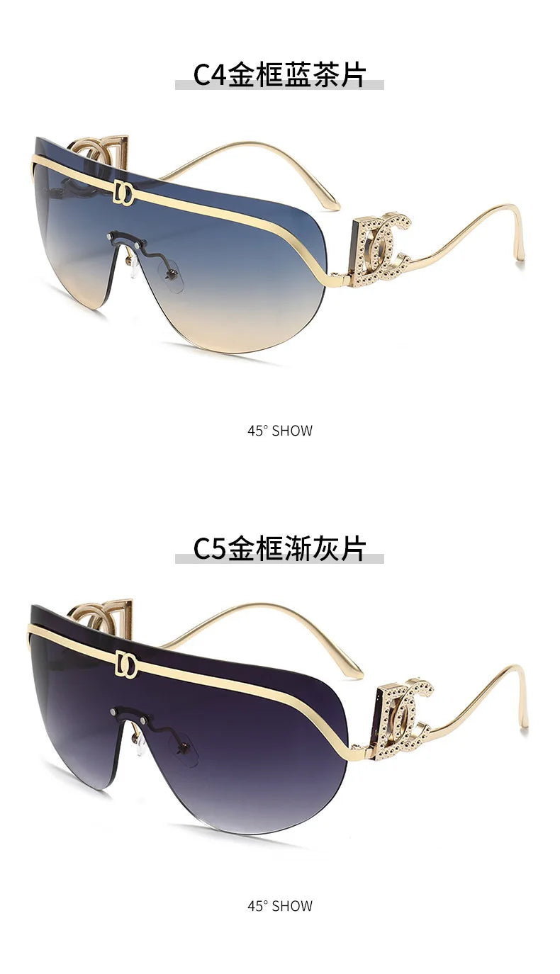 2026 Luxury Women Rimless Shield Aviator Sunglasses Gold Metal Frame Letter Accent Shades UV400 Eyewear for Women Lentes De Sol
