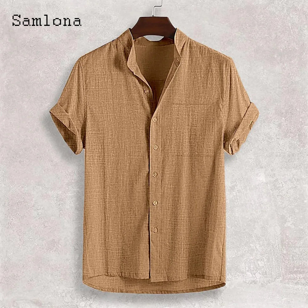 Men Short Sleeve Board Shirt Clothing 2025 New Summer Collarless Top Solid Green Linen Blouse Plus Size Mens Casual Beach Shirts