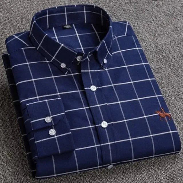 Casual Pure Cotton Oxford Mens Shirts Long Sleeve Embroidery Horse Design Regular Fit Fashion Button Man White Dress Shirt