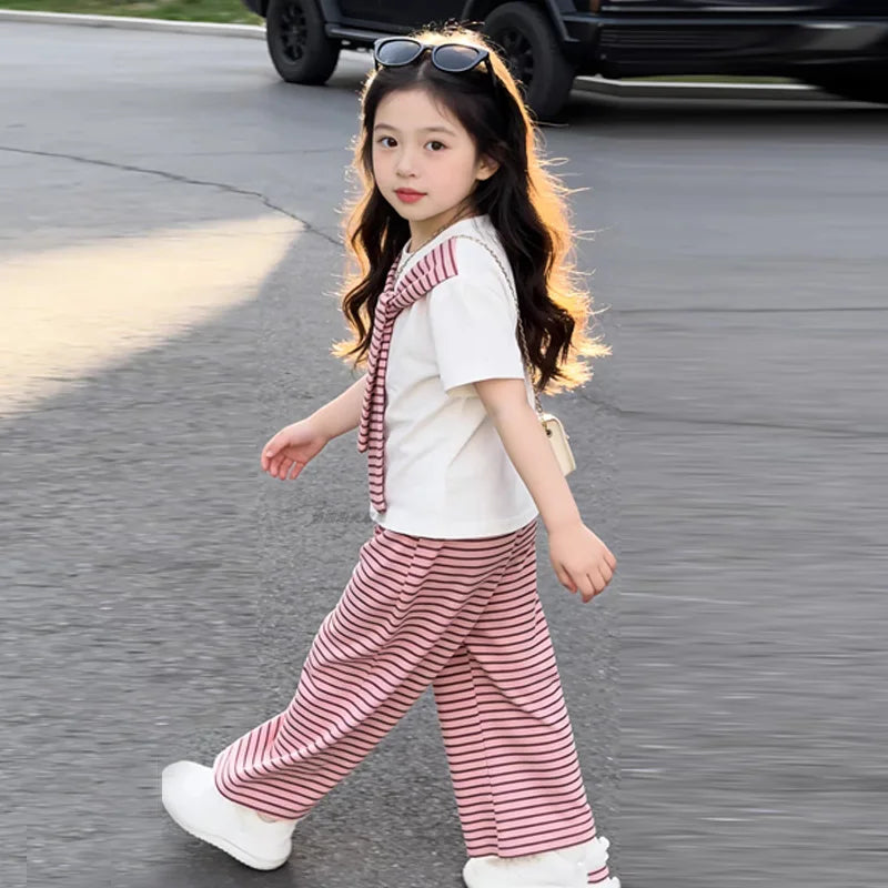 Summer Girls Sets Children Short-sleeved Suit Kids T-shirt With Stripes Shawls+Wide-leg Pants 2Pcs Outfits Teen Casual Clothes