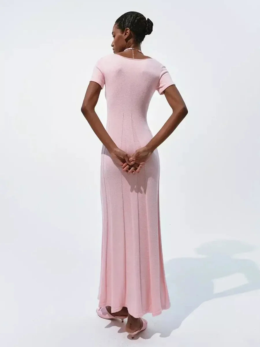 Ribbed Knit Maxi Dress for Women Deep V Neck High Slit Patchwork Party Dress