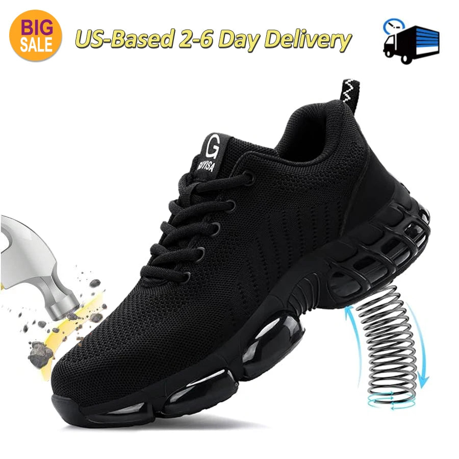 Men Safety Shoes Work Boots, Summer Solid Color Lightweight Breathable Steel Toe Anti-Smash Indestructible Tactical Work Sneakers