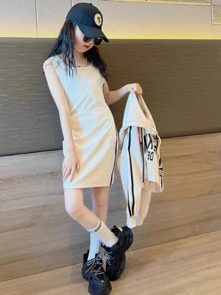 Autumn Children's Girls Clothes Set Junior Letter Hooded Pullover Top and Side Stripe Sleeveless Dress Suit Teenage 2pcs Outfits