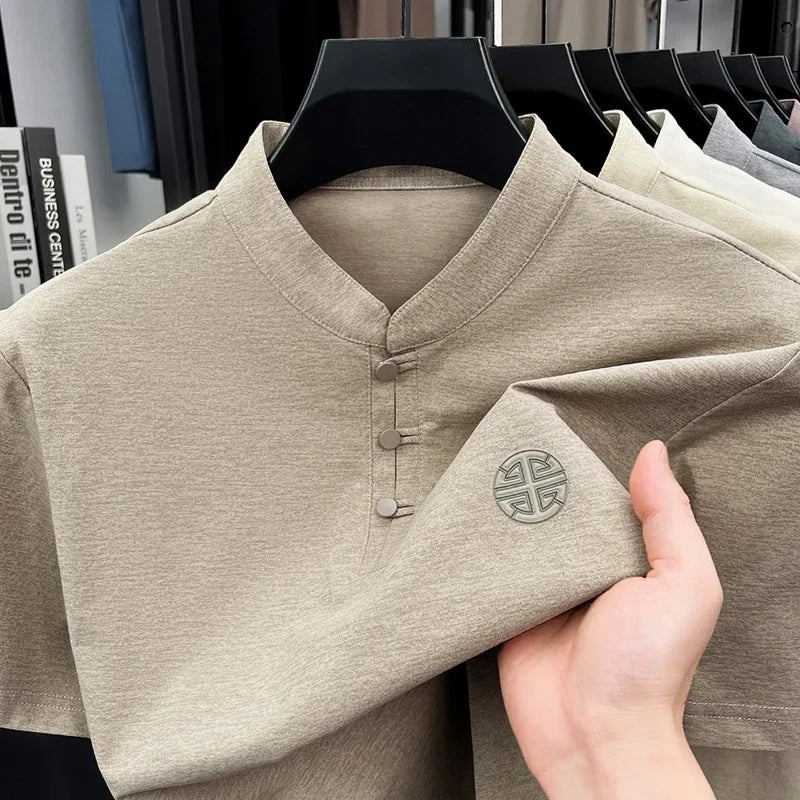 Men's Mandarin Collar Short Sleeve T-Shirt Casual Chinese Style Button Henley Shirt