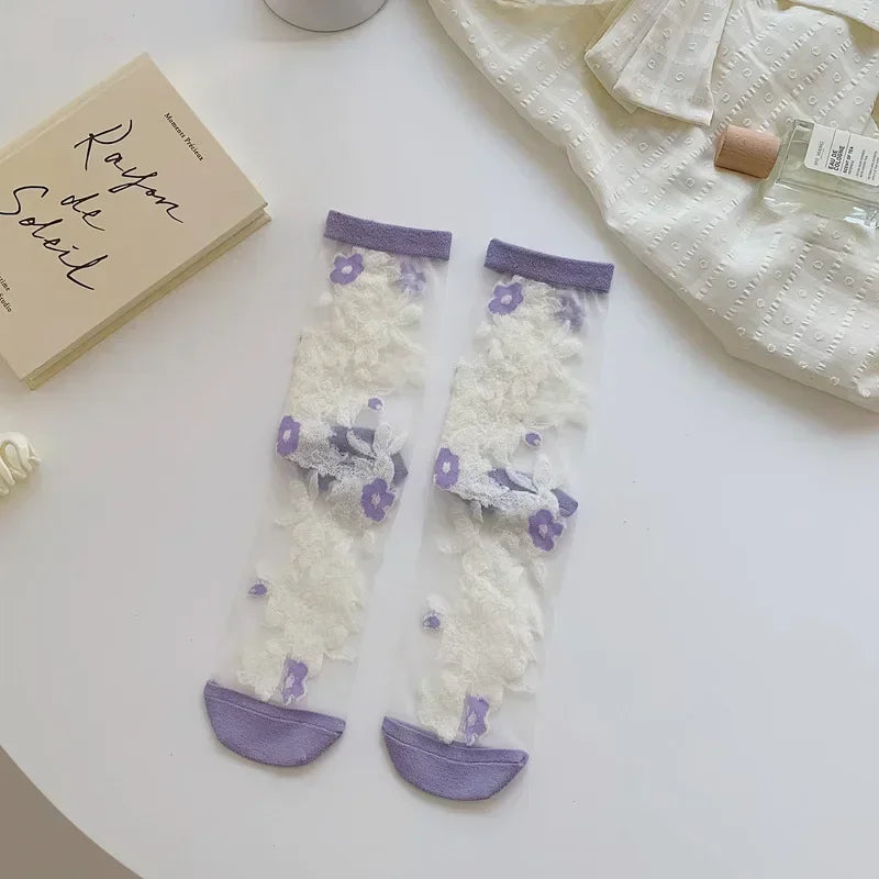 Butterfly Woman Socks Fashion Summer Ultra-thin Transparent Crystal Silk Socks Vintage Harajuku Sexy Lace Mesh Crew Socks