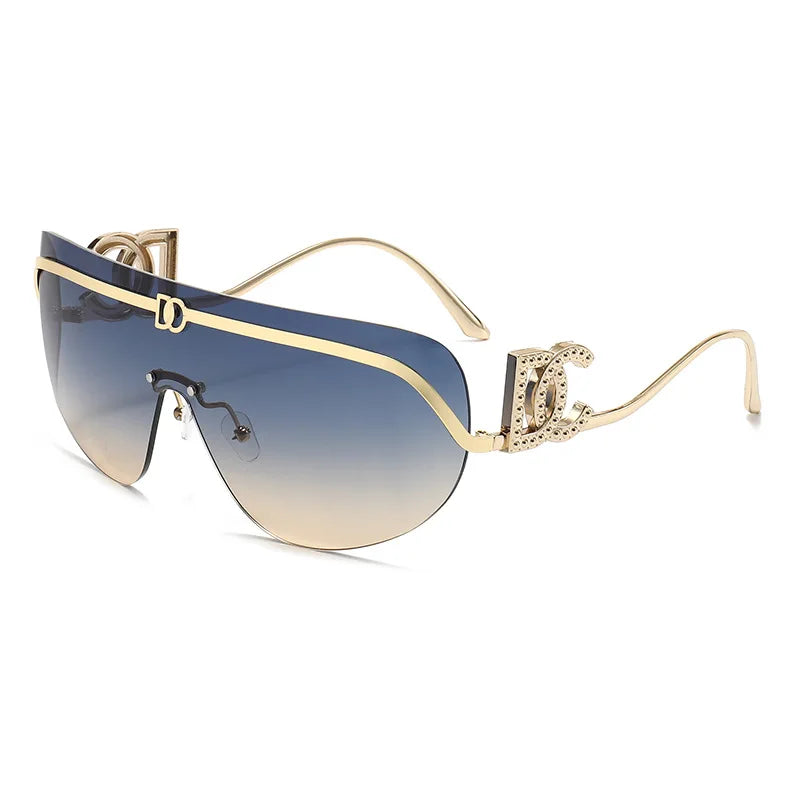 2026 Luxury Women Rimless Shield Aviator Sunglasses Gold Metal Frame Letter Accent Shades UV400 Eyewear for Women Lentes De Sol
