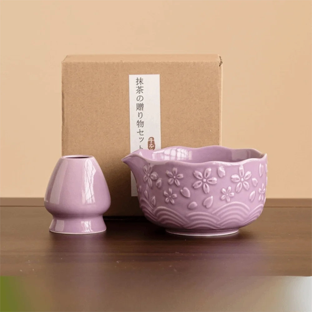 2/4/7 Pcs New Ceramic Matcha Bowl Sakura Flower Matcha Whisk Holder with Pouring Spout Reusable Matcha Making Kit Tea Lovers