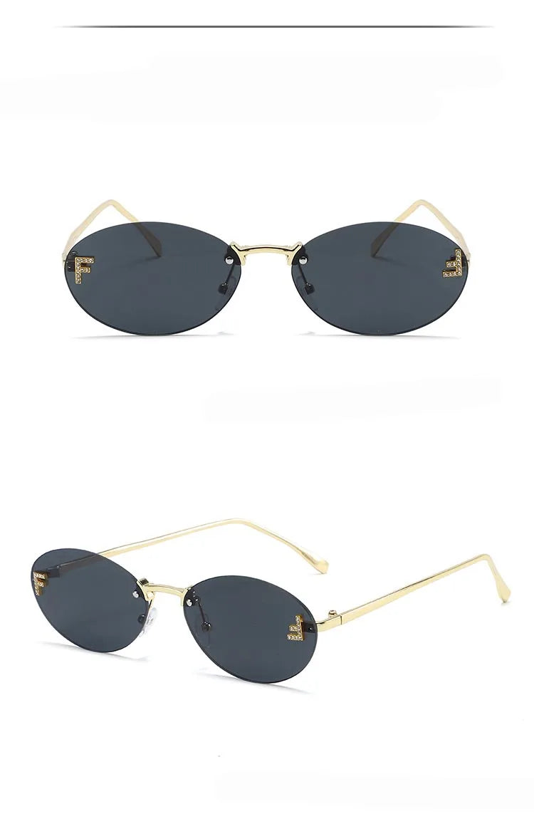 Fashion Oval Frameless Sunglasses Women Sparkling Rhinestone F Design Luxury Sun Glasses Girls shopping travelling eyeglasses