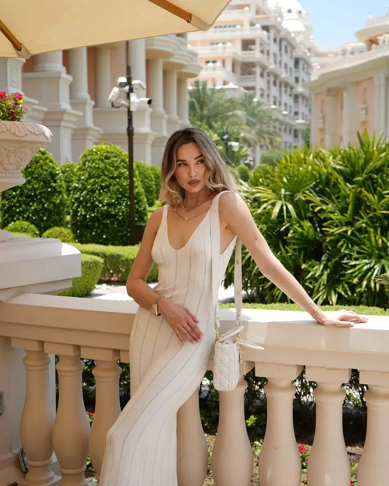 Trendix Knit Backless Maxi Dress For Women V Neck Sleeveless Beach Vacation
