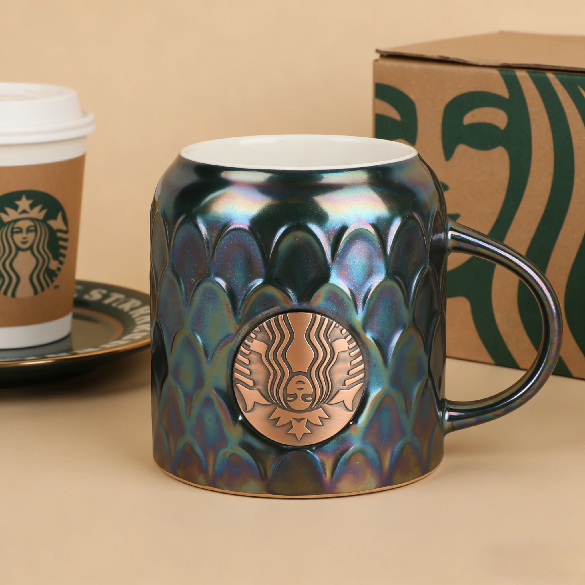 Starbucks Iridescent Green Scale Ceramic Mug 400ml with Copper Logo Gift Box for Home & Office Use