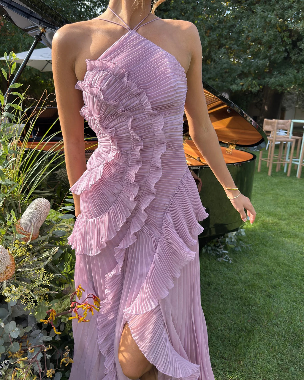 Gown Neck Strap Irregular Long Dress For Women Ruffle High Waist Backless Dress