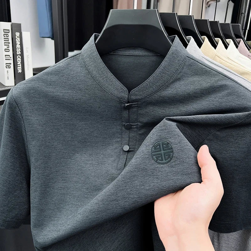 Men's Mandarin Collar Short Sleeve T-Shirt Casual Chinese Style Button Henley Shirt