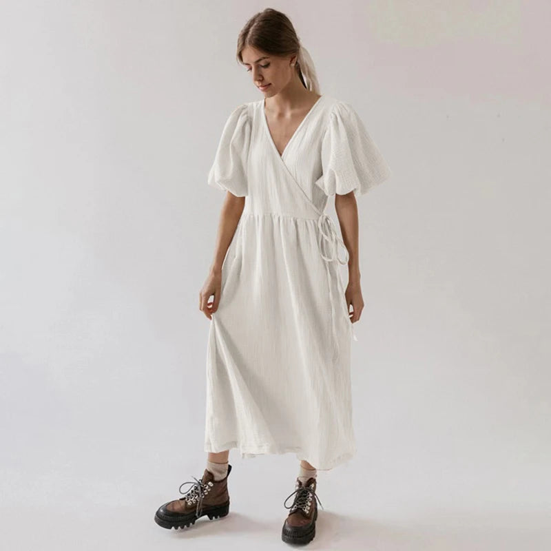 Puff Sleeve Maxi Dress For Women Muslin Crepe Gauze V-Neck  Bandage Lace Elegant Long Birthday Party Dress