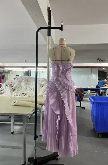 Gown Neck Strap Irregular Long Dress For Women Ruffle High Waist Backless Dress