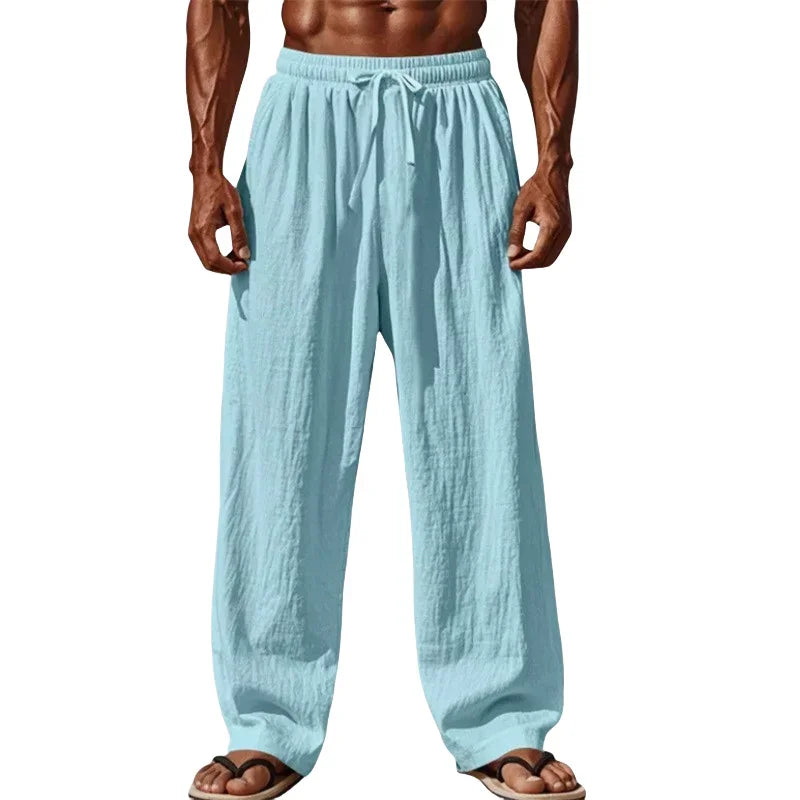 2026 Newest Linen Pants Men Summer Casual Breathable Solid Color Elastic Waist Loose Fit Wide Leg Trousers Lightweight Streetwea