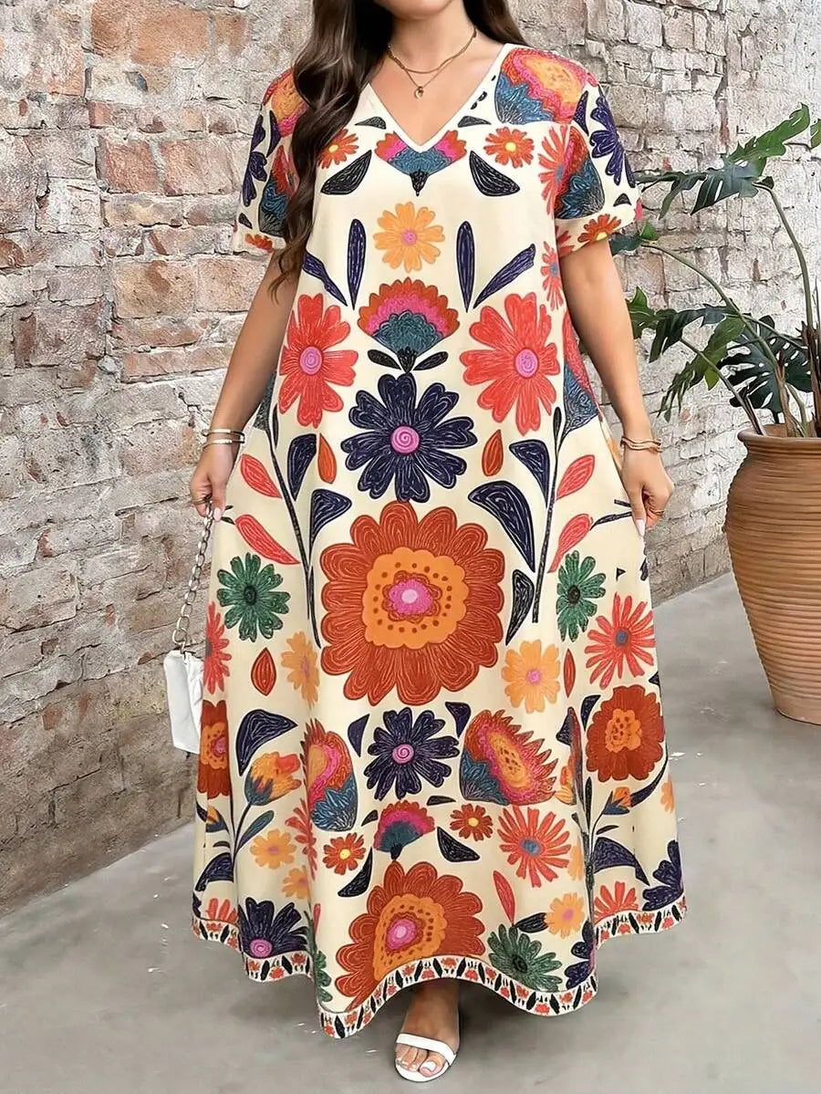 Boho Embroidered Maxi Dress V Neck Short Sleeve Loose Casual Summer Dress