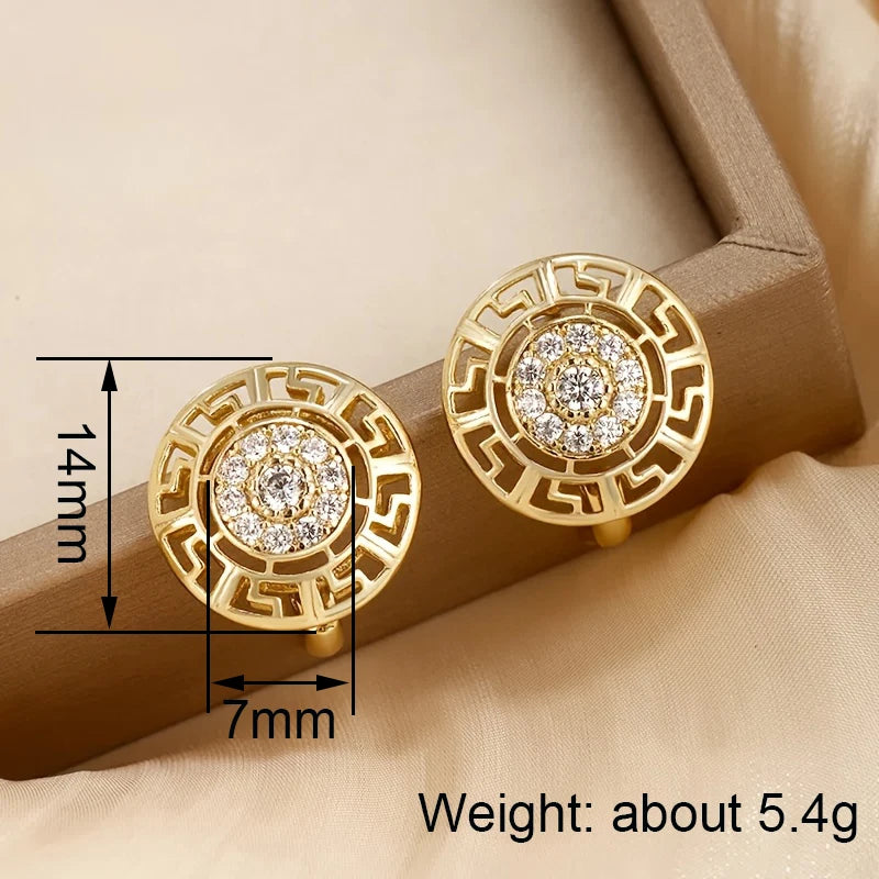 Huitan Trendy Hollow Round Shape Hoop Earrings for Women Paved Shiny Cubic Zirconia Gold Color Modern Fashionable Female Jewelry