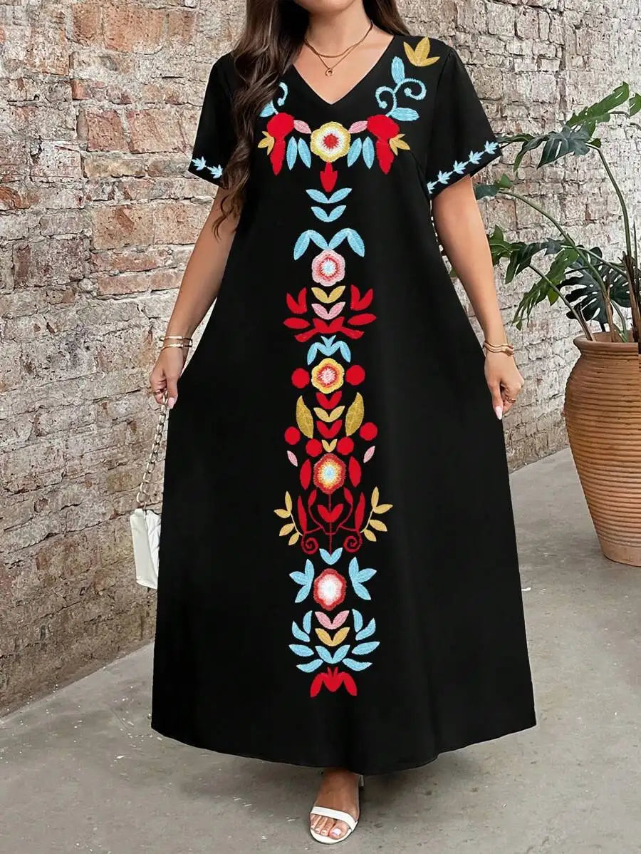 Boho Embroidered Maxi Dress V Neck Short Sleeve Loose Casual Summer Dress