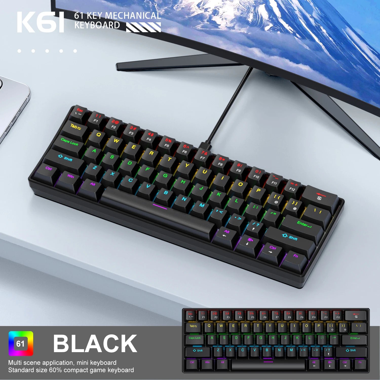 60% Portable Wired Mini Mechanical Keyboard, APAYADO K61 Mini Keyboard Wired,61 Keys Phantom RGB,Black,White,Red,Red/Blue Switch