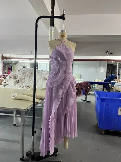 Gown Neck Strap Irregular Long Dress For Women Ruffle High Waist Backless Dress