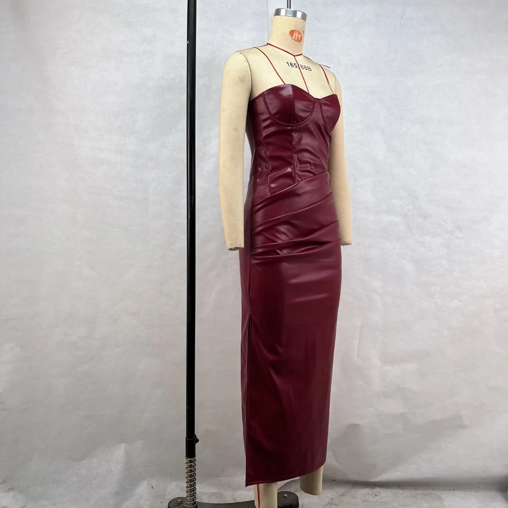 Luxury Leather Strapless Bandage Dress For Women Red Evening Cocktail 2025